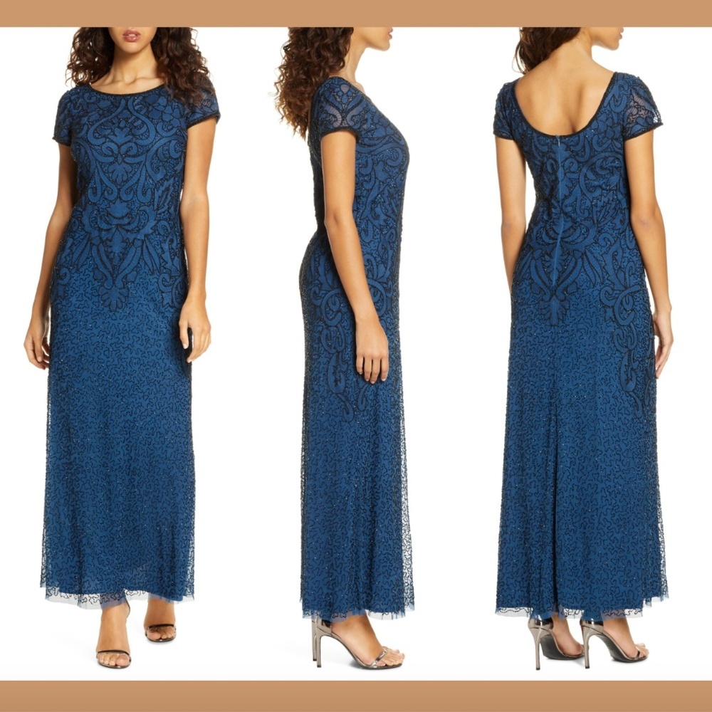 NEW $238 Pisarro Nights Embroidered Mesh Long Gown Blue [ SZ 10 ] #E962‎